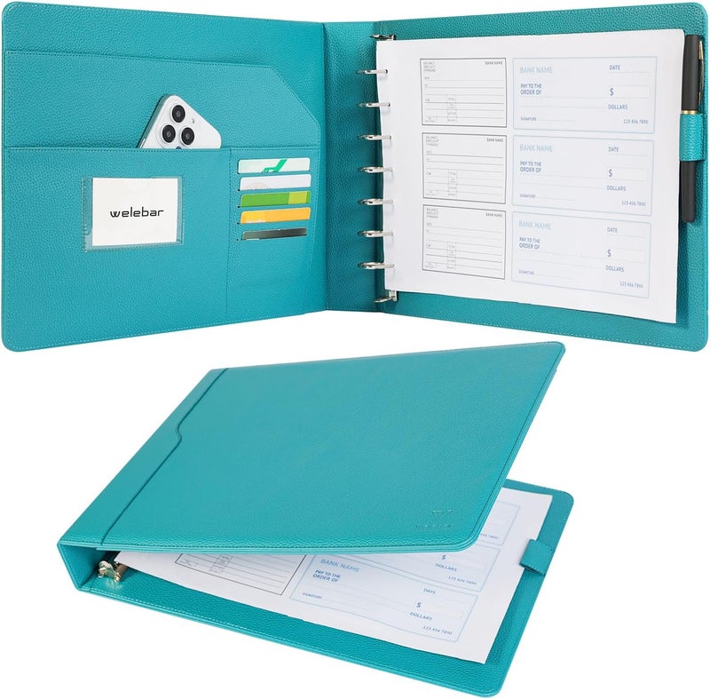 welebar 7-Ring Business Check Binder for 9 x 13 Sheets, 600 Checks Capacity PU Leather Portfolio with Storage Organizer & Zippered Pouch for 3-on-a-Page Business Checks - Image 1